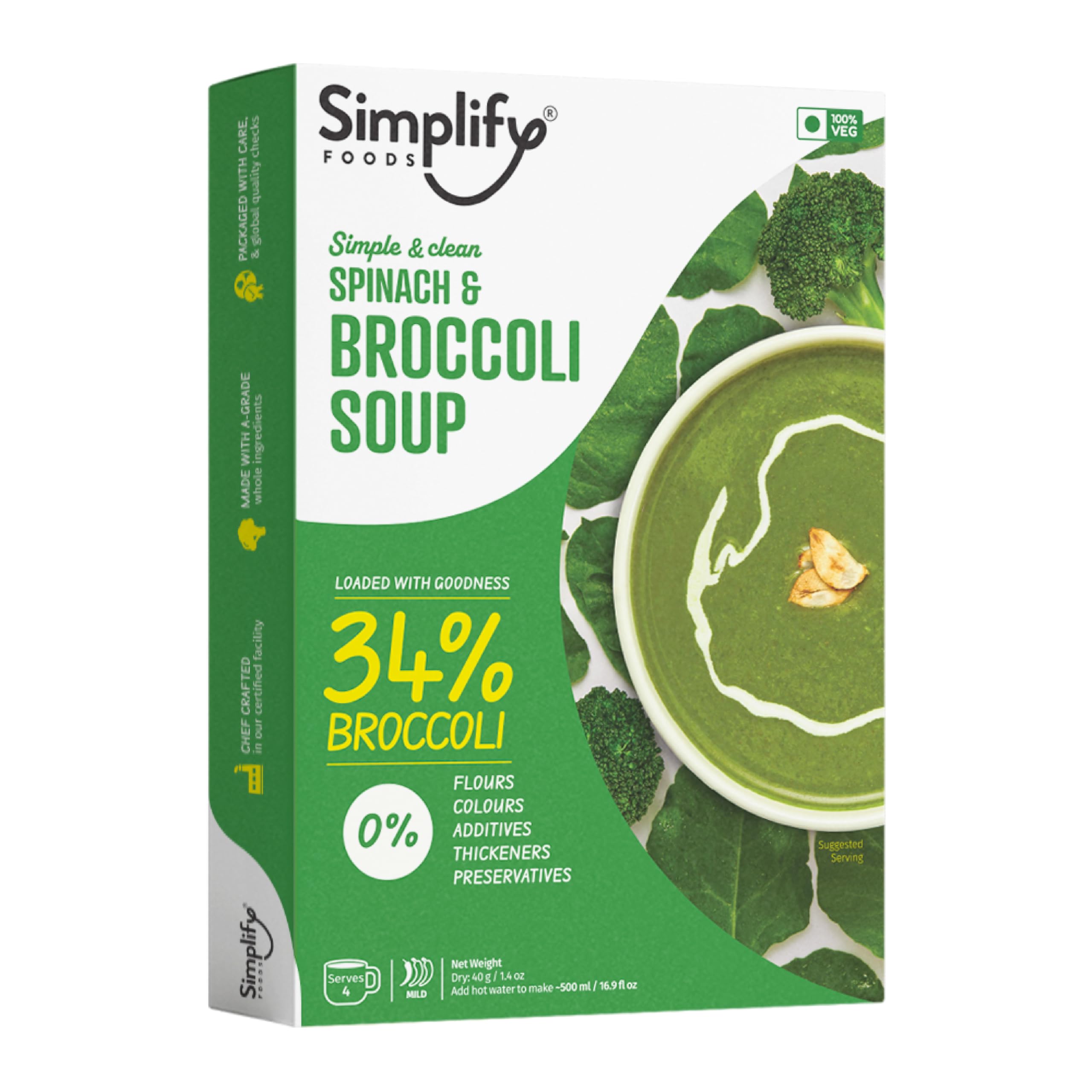 Simplify Foods Spinach & Broccoli Instant Soup | Made with 34% Broccoli & 19% Spinach | Pack of 1 (Makes 500ml) | Just Add Hot Water | No Cooking Required | Clean Label | 0% Additives or Preservatives