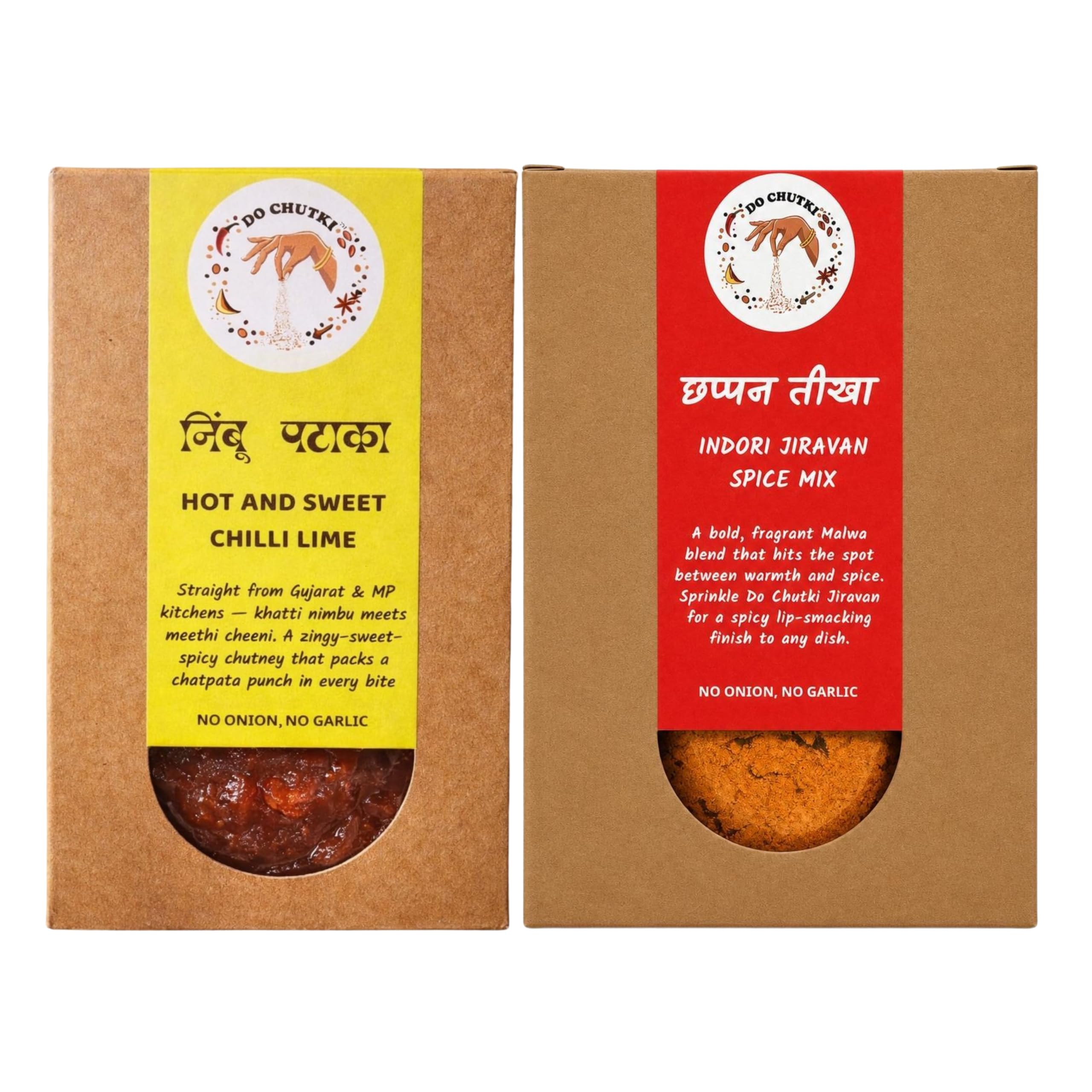 Do Chutki Indori Swad Combo | Nimbu Pataka Hot Sweet Chilli Lime Chutney 200g + Chhappan Teekha Indori Jiravan Masala Powder 100g | No Onion No Garlic | No Preservatives | Pack of 2