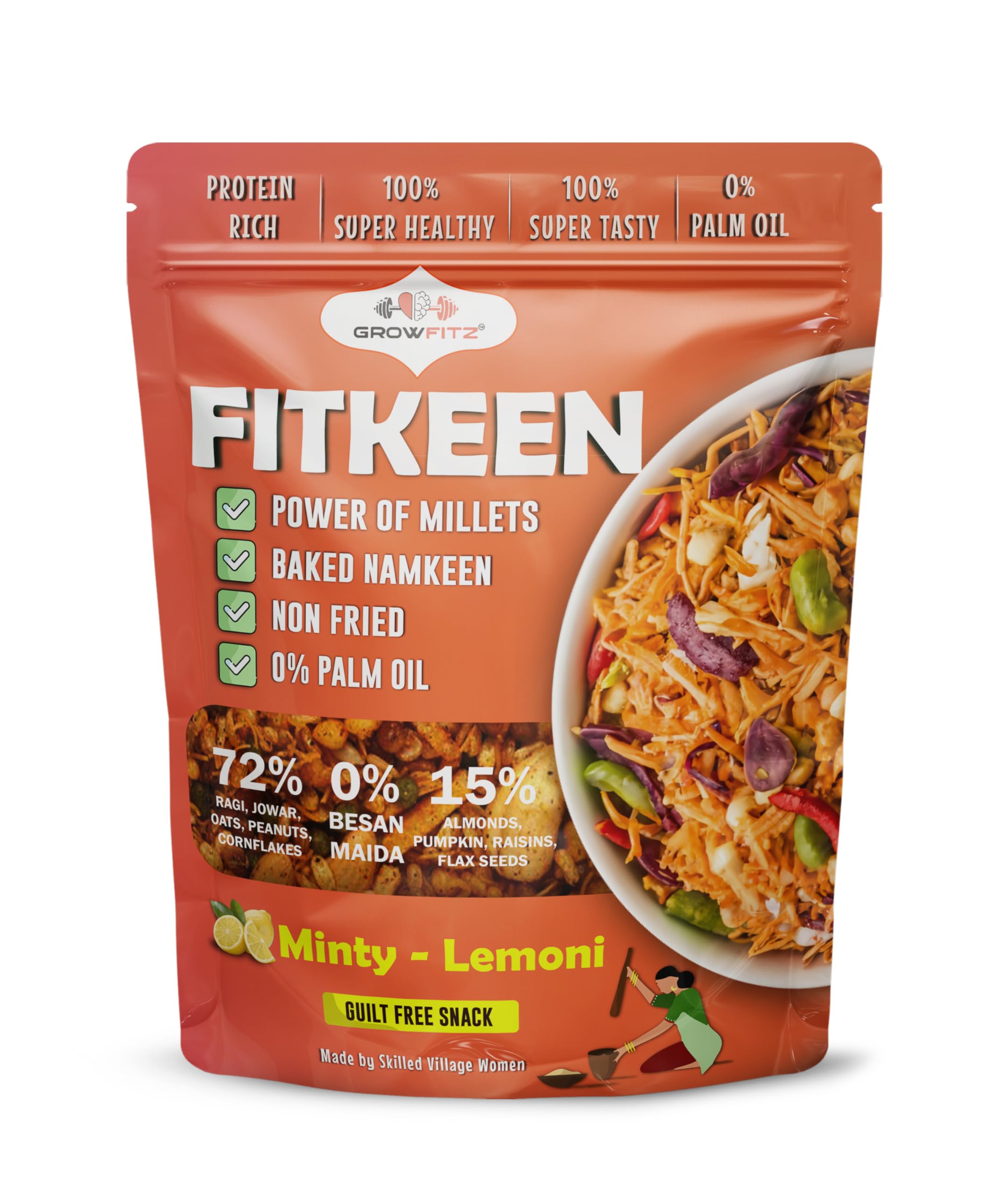 Growfitz Baked Namkeen Mixture 200g | Minty Lamoni Flavor | Power of Millets, Non Fried, 0% Palm Oil | 12.4g Rich Protein | Super Tasty, Healthy & Guilt Free Snacks | 0% Maida & Besan (Pack of 1)