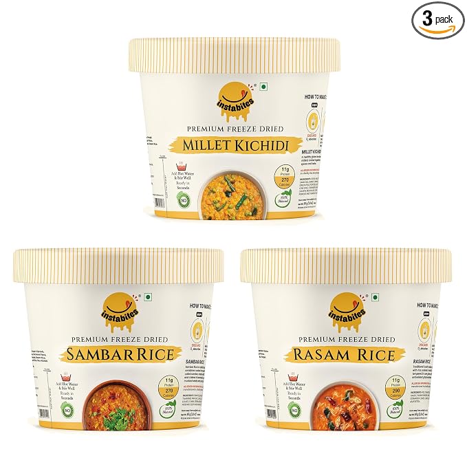 Instabites Ready To Eat Combo of Millet Kichidi, Sambar Rice, Rasam Rice No Added Preservatives and Ready to Eat in Minutes - Pack of 3