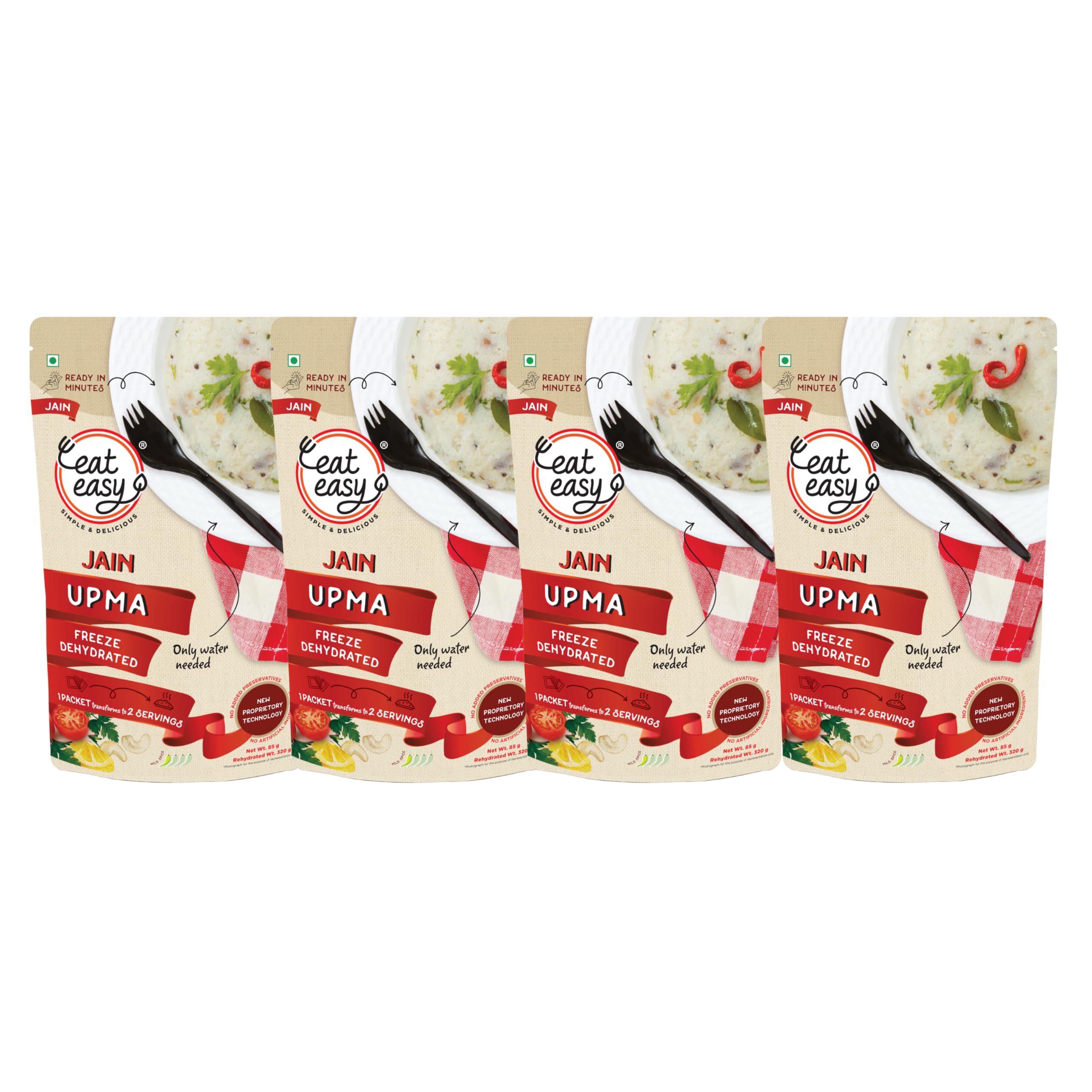 Eat Easy Ready To Eat Jain Upma, 85gm of 1 Pack, Instant Food, Indian Meal, Travel Food, No Preservatives, No Added Artificial Colours & Flavours, Just Add Water and Cook (Pack of 4)