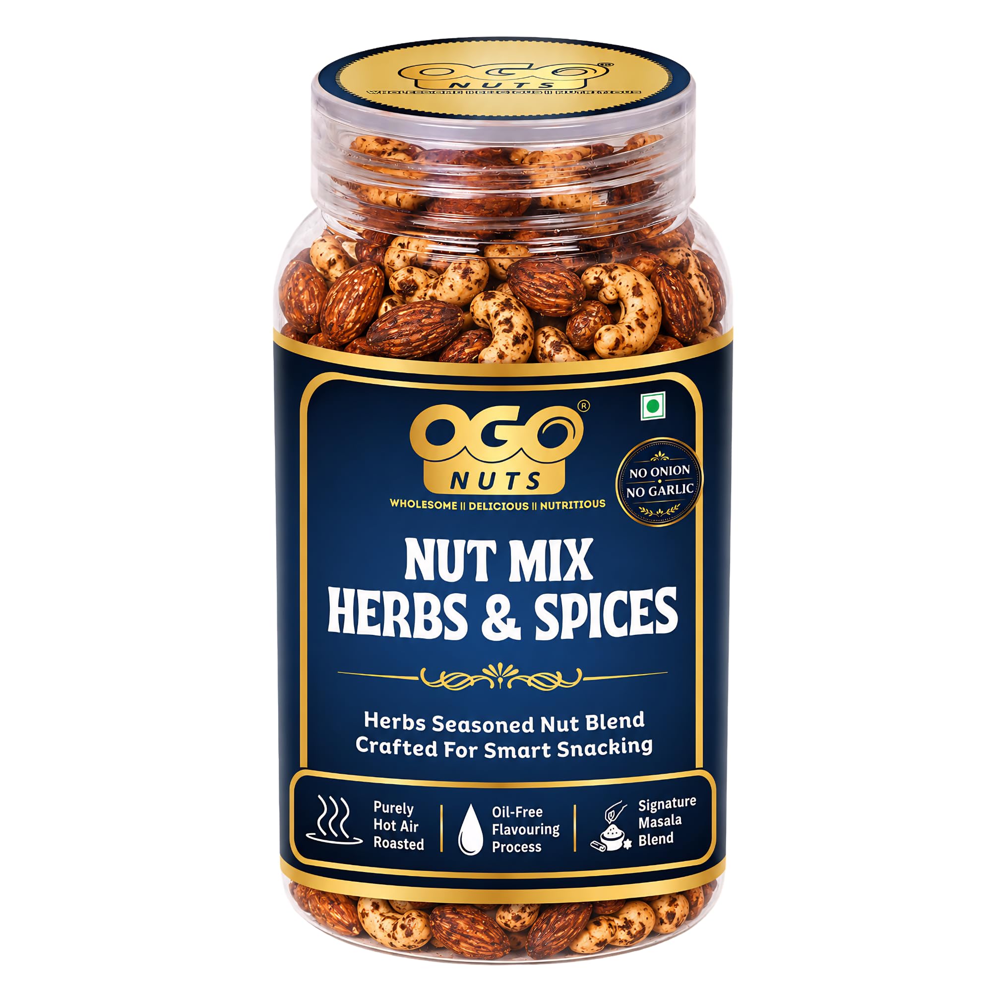 OgoNuts Herbs & Spices Nut Mix, 200g | Hot Air Roasted Almonds and Cashews | Aromatic Herb & Spice Seasoning | No Onion No Garlic | Oil-Free Roasted Gourmet Nut Snack for Tea Time, Travel & Office