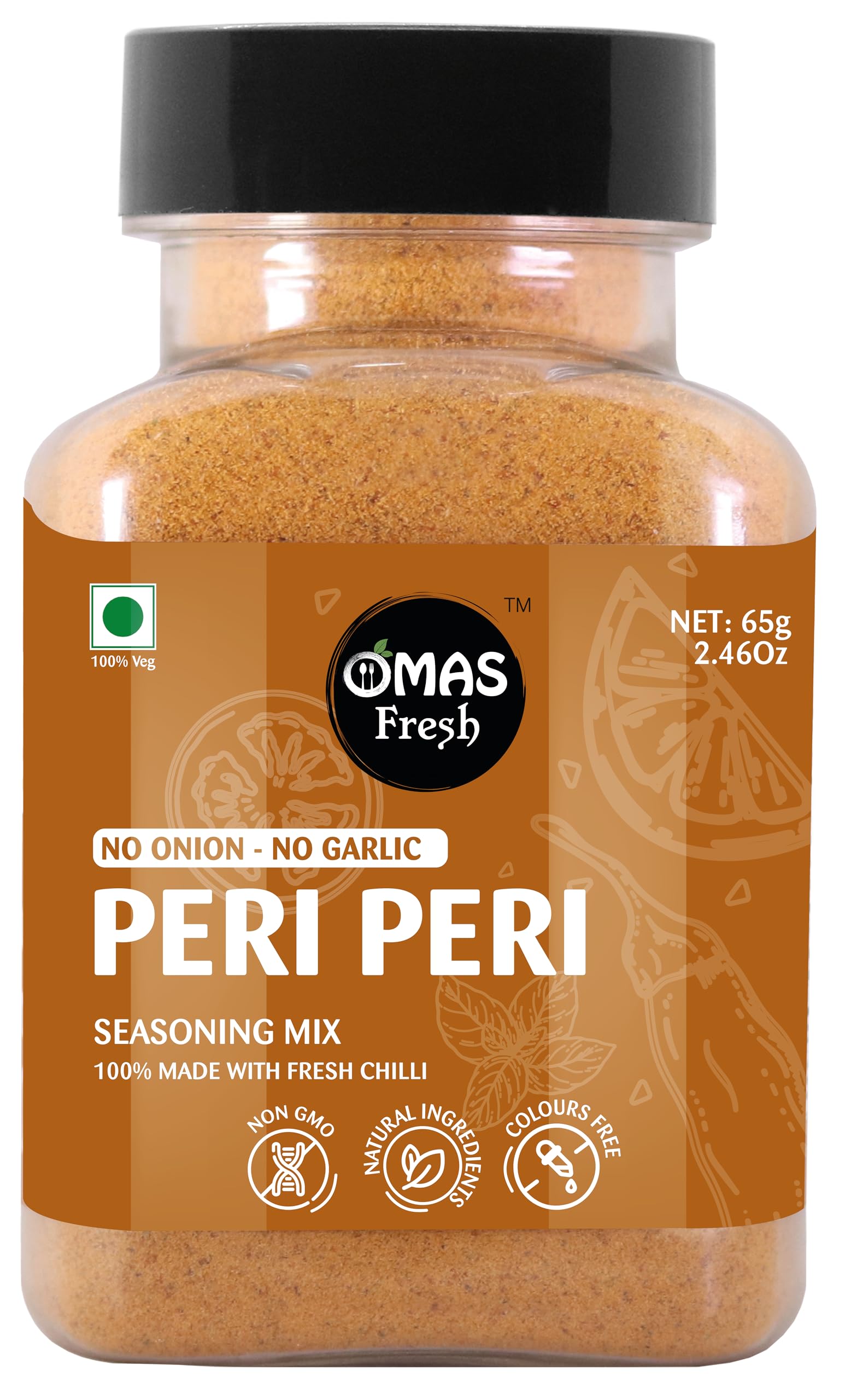 Omas Fresh Jain American Peri Peri Seasoning | No Onion, No Garlic Peri Peri Seasoning Best for Makhana, Pop-Corn, Savouries (65g)