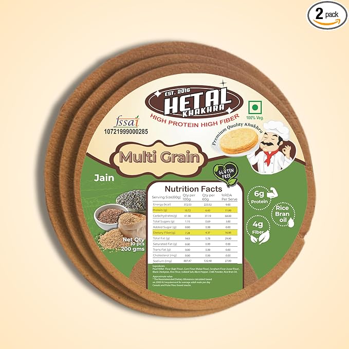 Malti Grain Khakhra JAIN | Gluten Free | Crispy| Ready To Eat | High Protein High Fiber| No Palm Oil | 200g Vacuum Pack Of 2