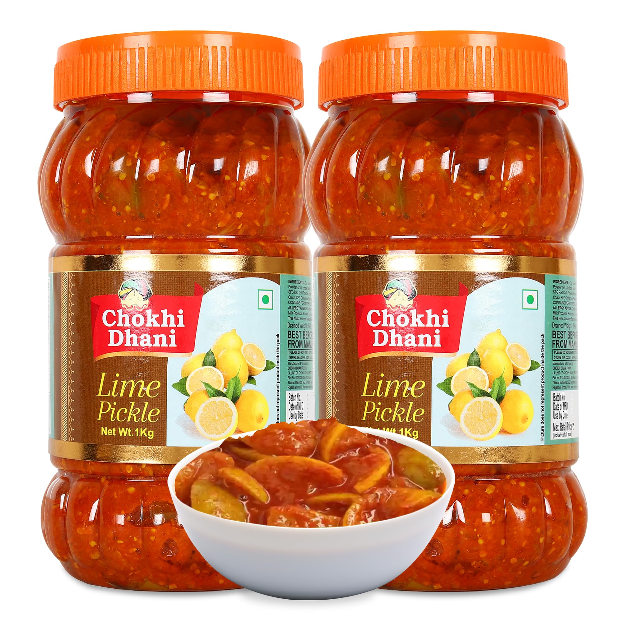 Chokhi Dhani Lime Pickle Pack of 2 (1kg Each) | Nimbu Achar | Oil Free Lemon Pickle | No Onion No Garlic | Tangy & Spicy Indian Pickle | Homemade Style