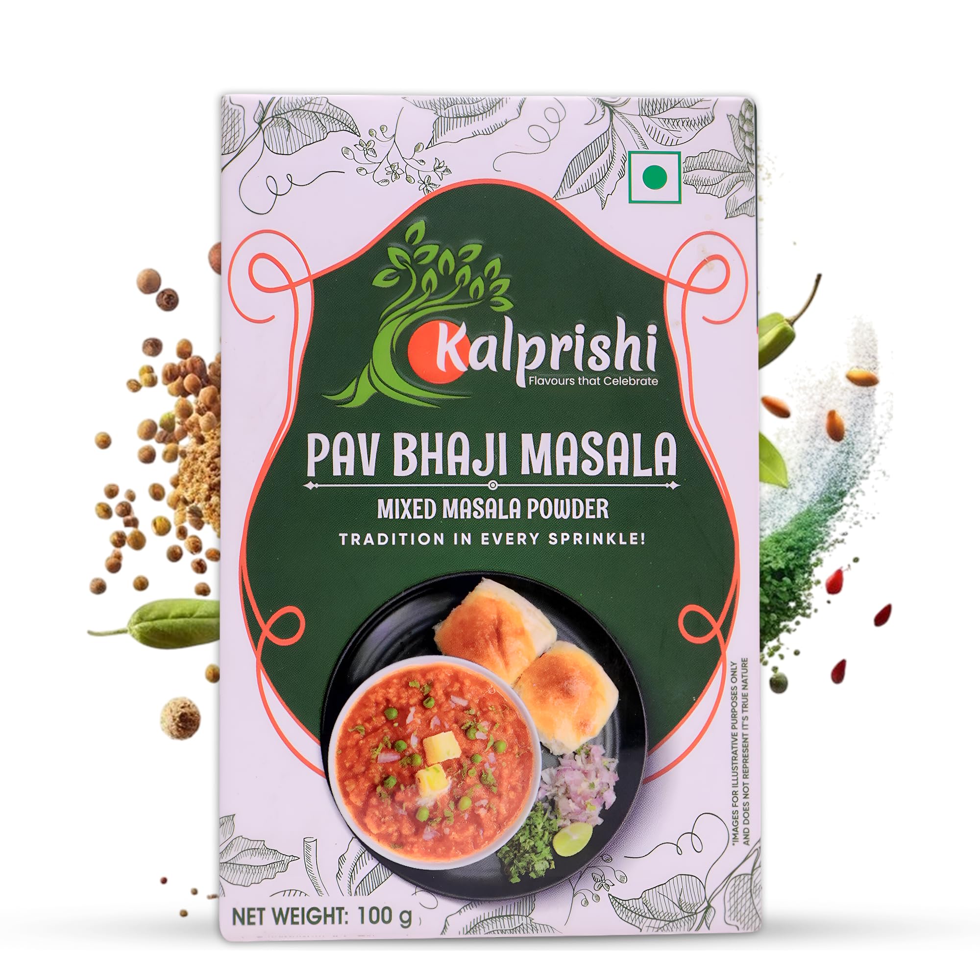 KALPRISHI Pav Bhaji Masala Powder 100g - Authentic Mumbai Street Style Masala, Spicy Tava Mix for Pav Bhaji, Snacks, Tadka & More, Natural Oils, No Preservatives, Rich Aroma & Taste, Pack of 1
