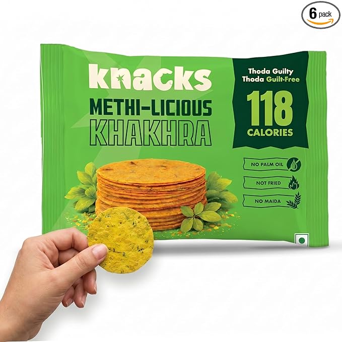 Knacks Methi-licious Khakhra Chips | Methi Masala Flavour Coin Khakhra | Pack of 6 (6 x 30g) | 118 Calories Per Pack | Jain Friendly, High Protein, Whole Wheat | No Palm Oil, No Maida, Not Fried