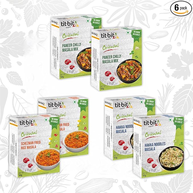 Tit-Bit Spicy Chinese Spices Combo - No Onion No Garlic - Schezwan Fried Masala, Hakka Noodles Masala & Paneer chilly Mix - Quick & Easy to Make - Pack of 6 - Each Flavour 2 Packs (300g)