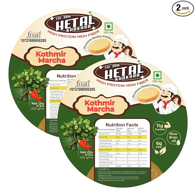 Kothmi Marcha Khakhra | JAIN | Crispy | Ready To Eat | High Protein High Fiber| No Palm Oil | 200g Vacuum Pack Of 2