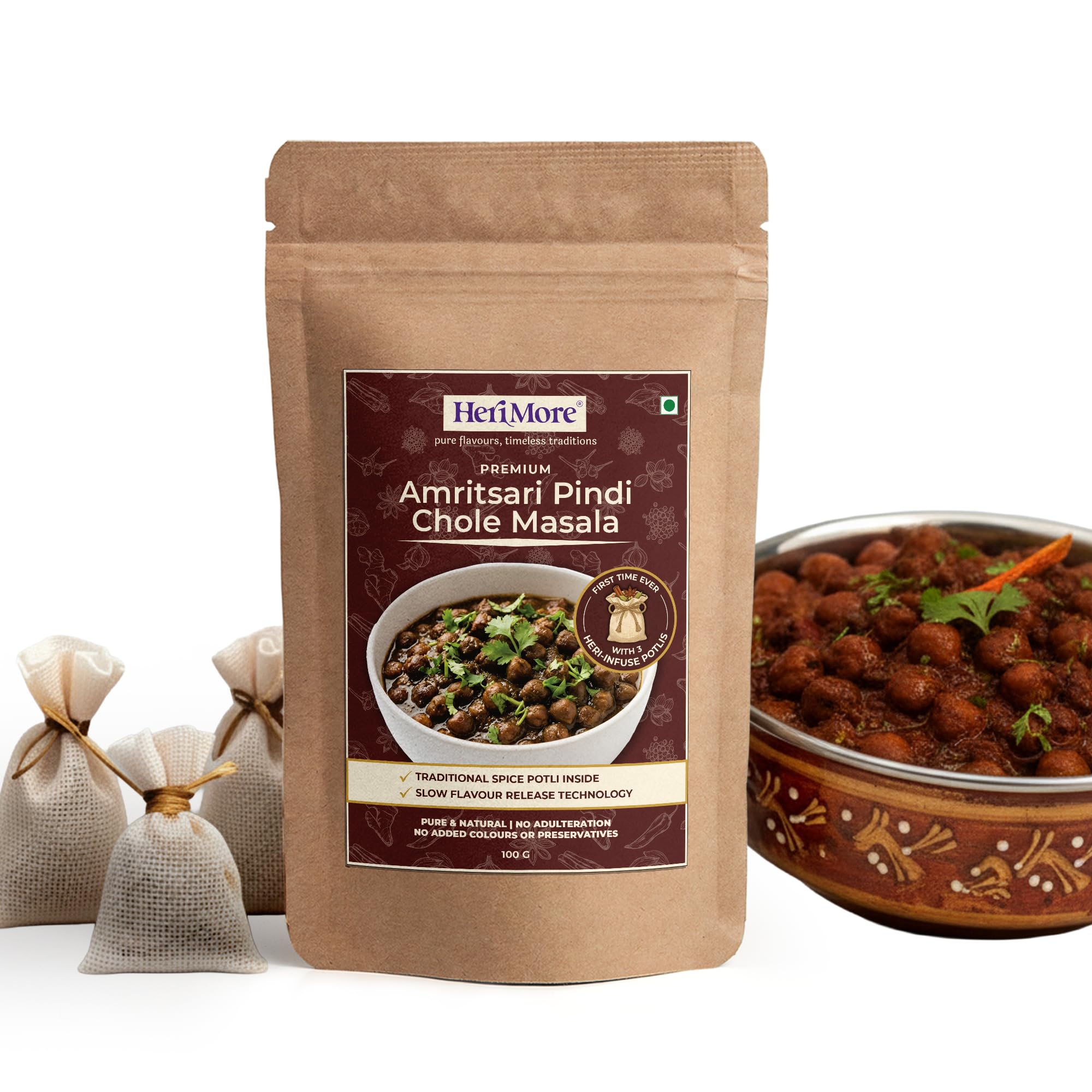 HeriMore Amritsari Pindi Chole Masala, 100g | Authentic Punjabi Chole Spice Powder, Jain Friendly, No Onion Garlic, Natural & Preservative-Free