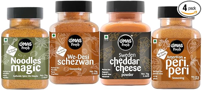 Omas Fresh No Onion No Garlic Special Masala Combo For Jain | Jain Schezwan Seasoning, Cheddar Cheese Powder, No Onion No Garlic Peri Peri & Noodles Magic Masala,4 Count