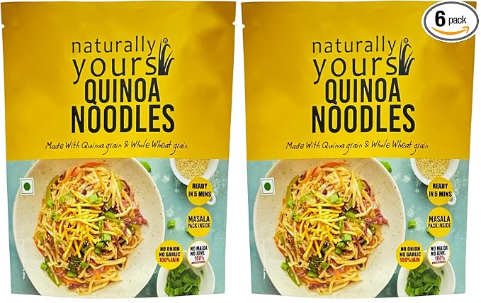 Naturally Yours Quinoa Hakka Noodles | Quinoa & Whole Wheat | No Maida, No Onion No Garlic, Jain Friendly, Vegan, Preservative Free, No MSG | High Protein & Fiber | Tastemaker Inside | 180g Pack of 6