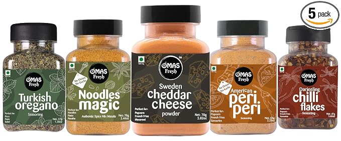 Omas Fresh Multi Seasoning Jain (No Garlic No Onion) Combo | Cheddar Cheese Powder 70g, Jain Peri Peri Masala 65g, Magic Noodles Masala 70g, Oregano Flakes 37g And Chilli Flakes 47g For Pizza, Soup, Popcorn And More Delicious Dishes | Zero added Colours, Fillers, Additives & Preservatives (Pack Of 5)