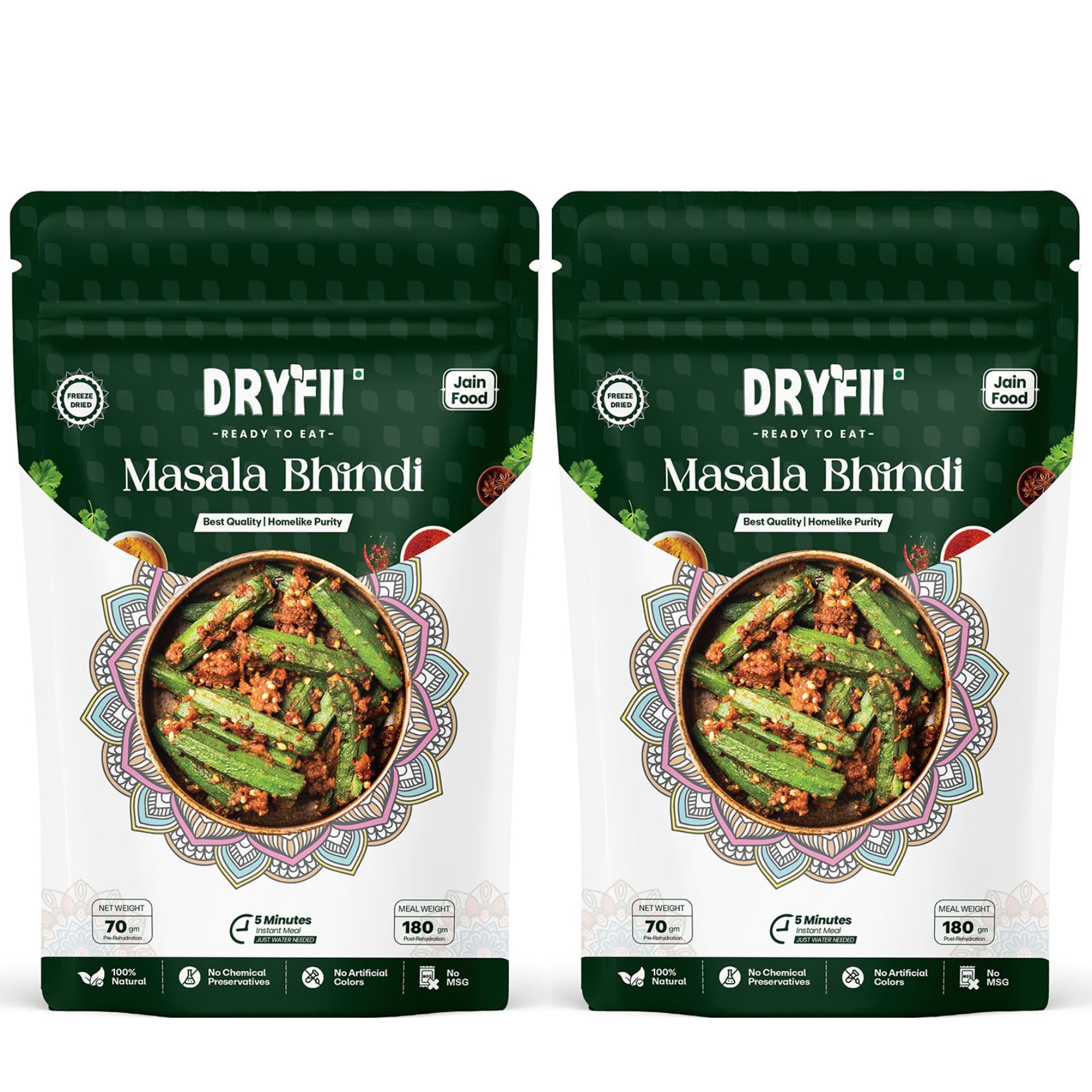 Dryfii Ready-to-Eat Instant Jain Masala Bhindi | Pure Veg | Freeze Dried | No Onion, No Garlic | Rehydrated Weight 360 g