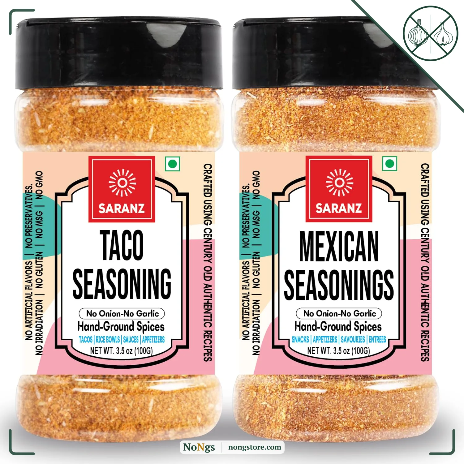 SARANZ Jain Mexican Seasoning Combo Pack | Jain Taco Mix and Mexican Mix | No Onion No Garlic | For Tacos, Burritos, Wraps, Nachos and Rice Bowls | Vegan, Gluten-Free, Dairy-Free | Set of 2 x 100g Jars