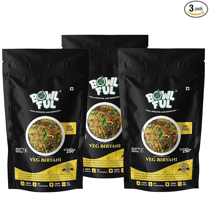 Bowlful Jain Veg Biryani, 70 GMS,Pack of 3, Rice with Rich Raw Spices. 100% Natural, Freeze Dried Food