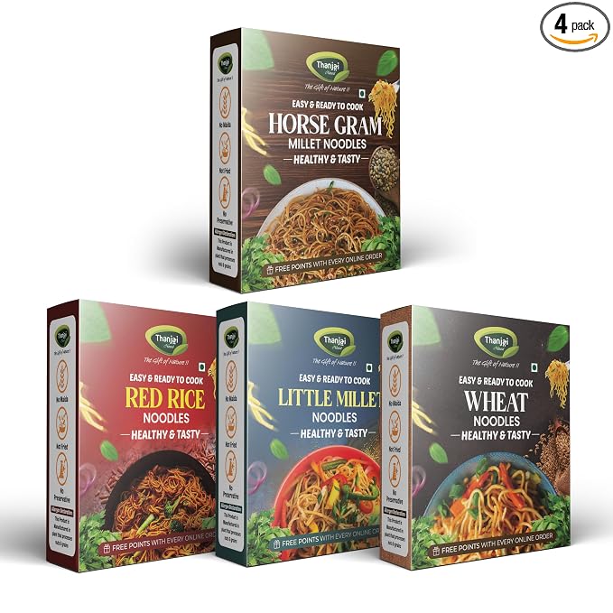 Thanjai Natural Millet Noodles 180 Grams X 4 Varities (720 Grams) of Homemade Natural Horsegram | Red Rice| Little and Wheat Millets Noodles( No Maida, No Preservatives, No Chemicals, No Artificial Extract)