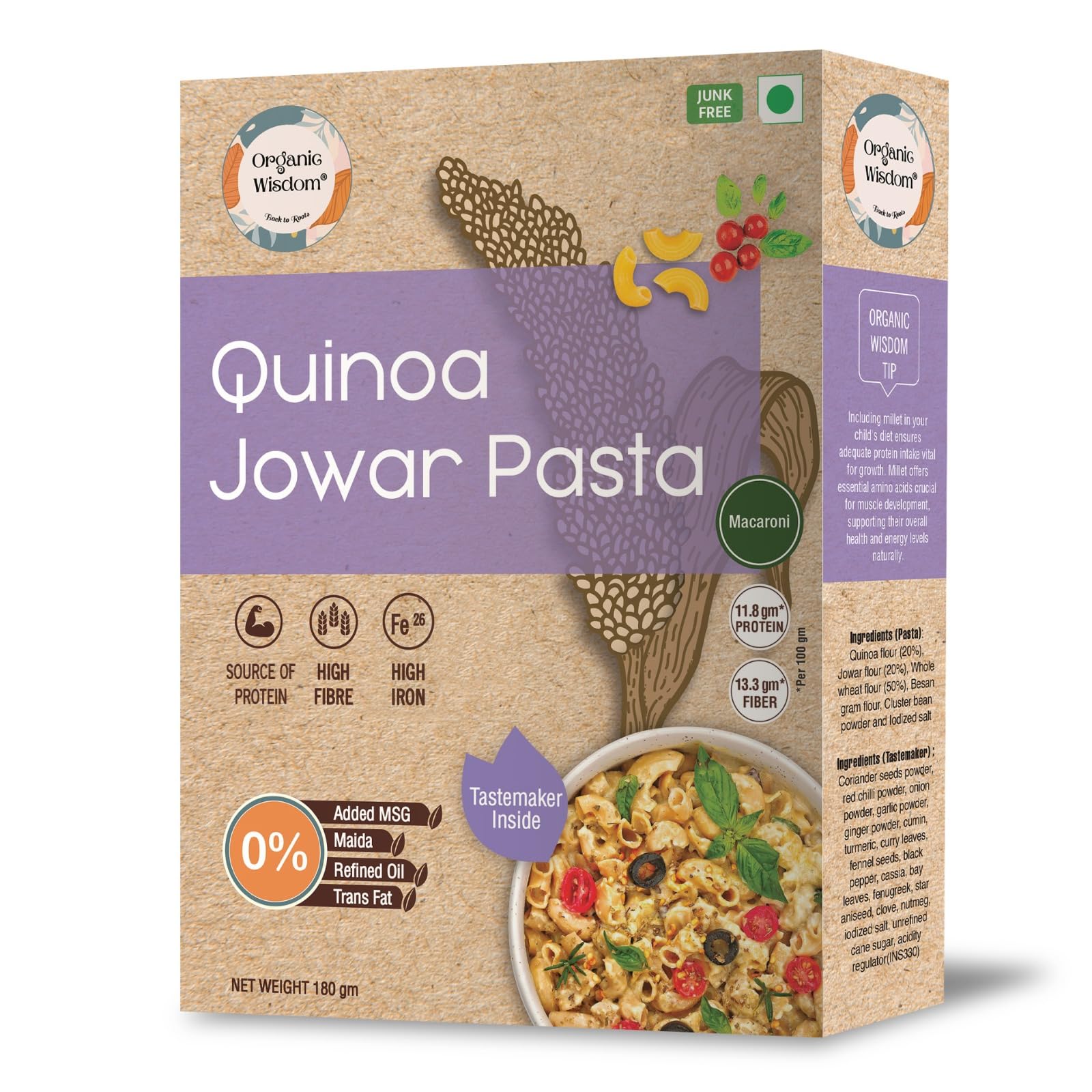 Organic Wisdom-Back to Roots Quinoa Jowar Macaroni, 180 g | Millet Pasta | No Maida | No MSG | No Refined Oil | High Protein & Fiber