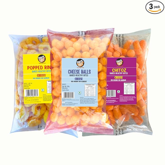 Snack First Baked Cheese Snack Combo, Cheese Balls, Chitoz, & Rings, Combo of 3, No Onion No Garlic, Jain, Puffed Snack, Corn Puffs, Healthy Snack, Namkeen, Each 80g