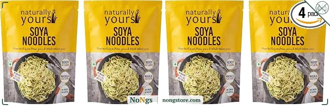 Naturally Yours Soy Hakka Noodles | Soybean & Wheat Protein | No Maida, No Onion No Garlic, Jain Friendly, Vegan, Preservative Free, No MSG | High Protein & Fiber | Tastemaker Inside | 180g Pack of 4