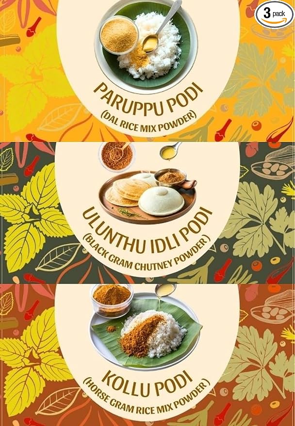 6Flavors Combo Pack: Paruppu Podi, Ulunthu Podi, Kollu Podi | 3 x 250g | Chutney/Rice mix Powders | No Onions, Garlic, Preservatives | Ideal for Idli, Dosa & Rice.