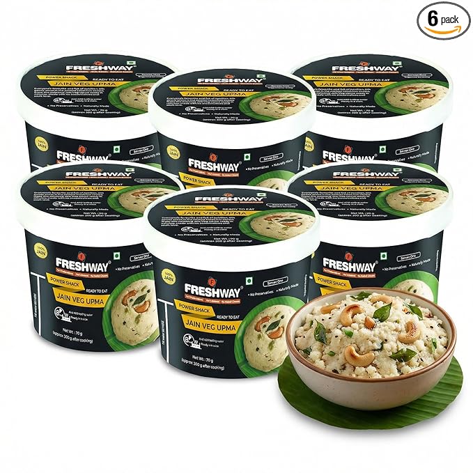 Freshway Jain Special Veg Upma Pack of 6 | Ready to Eat Indian Breakfast & Snack | 100% Jain No Onion & Garlic Free | Healthy Nutritious & Preservative Free | Quick & Convenient for Travelers, Office, Students & Home