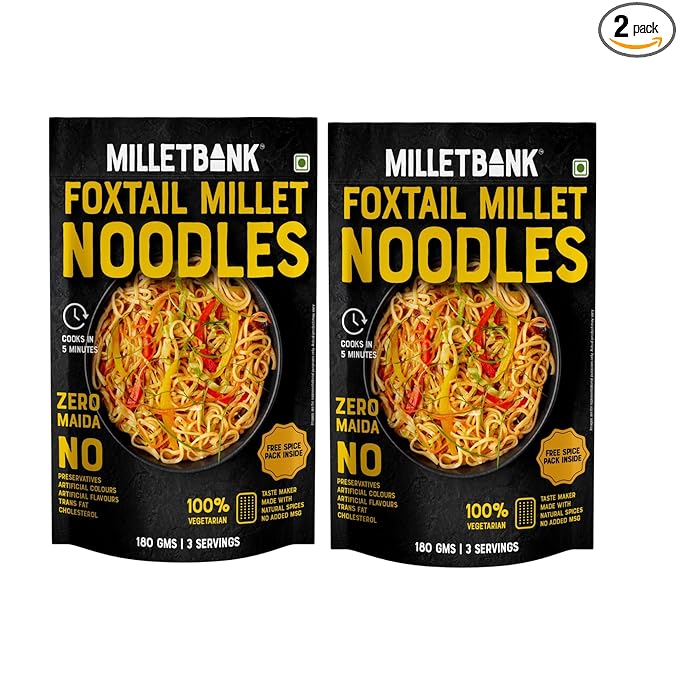 Millet Bank No Maida Foxtail Millet Hakka Noodles combo Free Masala Pack Inside, No Maida, Not Fried, No MSG, No Added Preservatives, Noodles for All Age Groups Naturally Yours ,Cup Noodles Pack of 2 180g Each