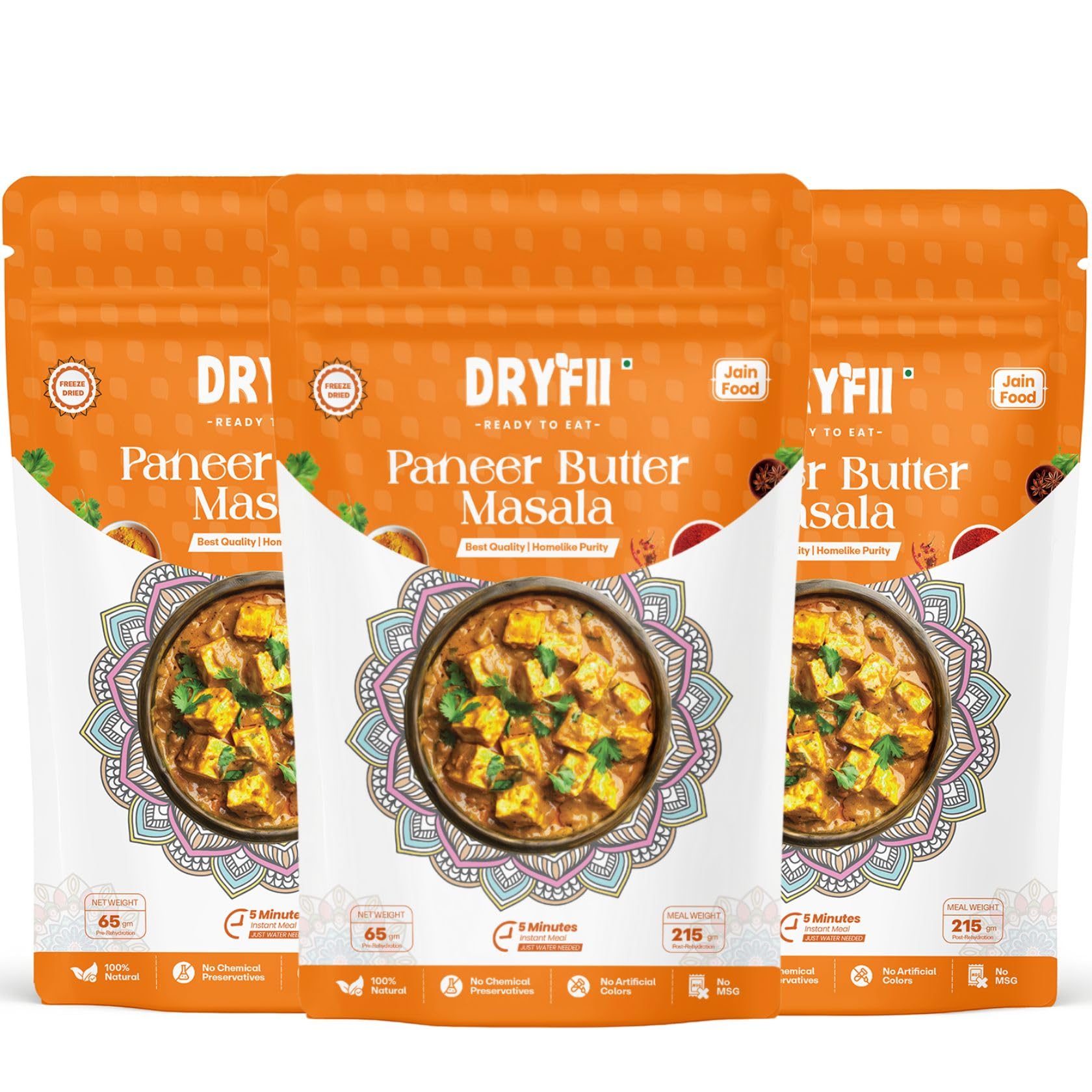 Dryfii Ready-to-Eat Instant Jain Paneer Butter Masala | Pure Veg | Freeze Dried | No Onion, No Garlic | Rehydrated Weight 645 g
