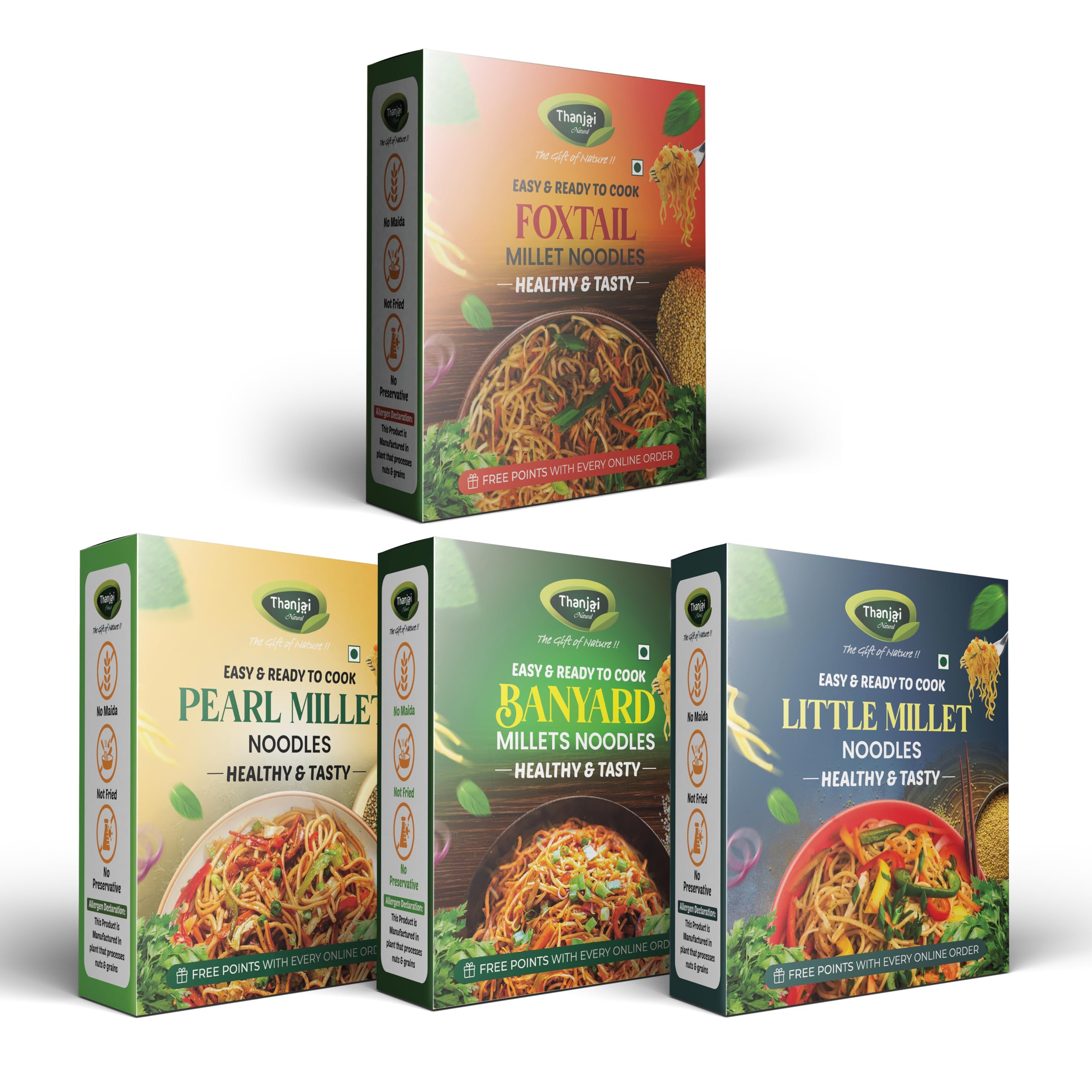 Thanjai Natural Millet Noodles 180 Grams X 4 Varieties (720 Grams) of Homemade Natural Foxtail | Little | Barnyard and Pearl Millets Noodles(No Preservatives, No Chemicals, No Artificial Extract)