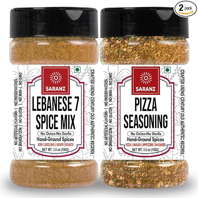 SARANZ Lebanese 7 Spice & Pizza Mix Jain Seasoning (Combo Pack) Batata Harra Masala | Perfect for Snacks, Appetizers, Main Dishes and Flavoured Vegan | Middle East Seasonings | 100 Gm Sprinkler Jar
