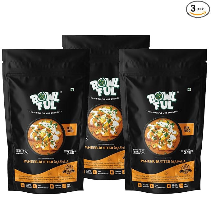BowlFul Pack of 3 Jain Paneer Butter Masala, 75 gms, Creamy Red Gravy With Cottage Cheese and No Onion or Garlic. 100% Natural, Freeze Dried Food