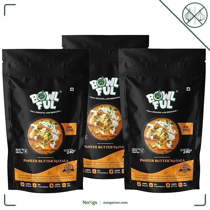 BowlFul Pack of 3 Jain Paneer Butter Masala, 75 gms, Creamy Red Gravy With Cottage Cheese and No Onion or Garlic. 100% Natural, Freeze Dried Food