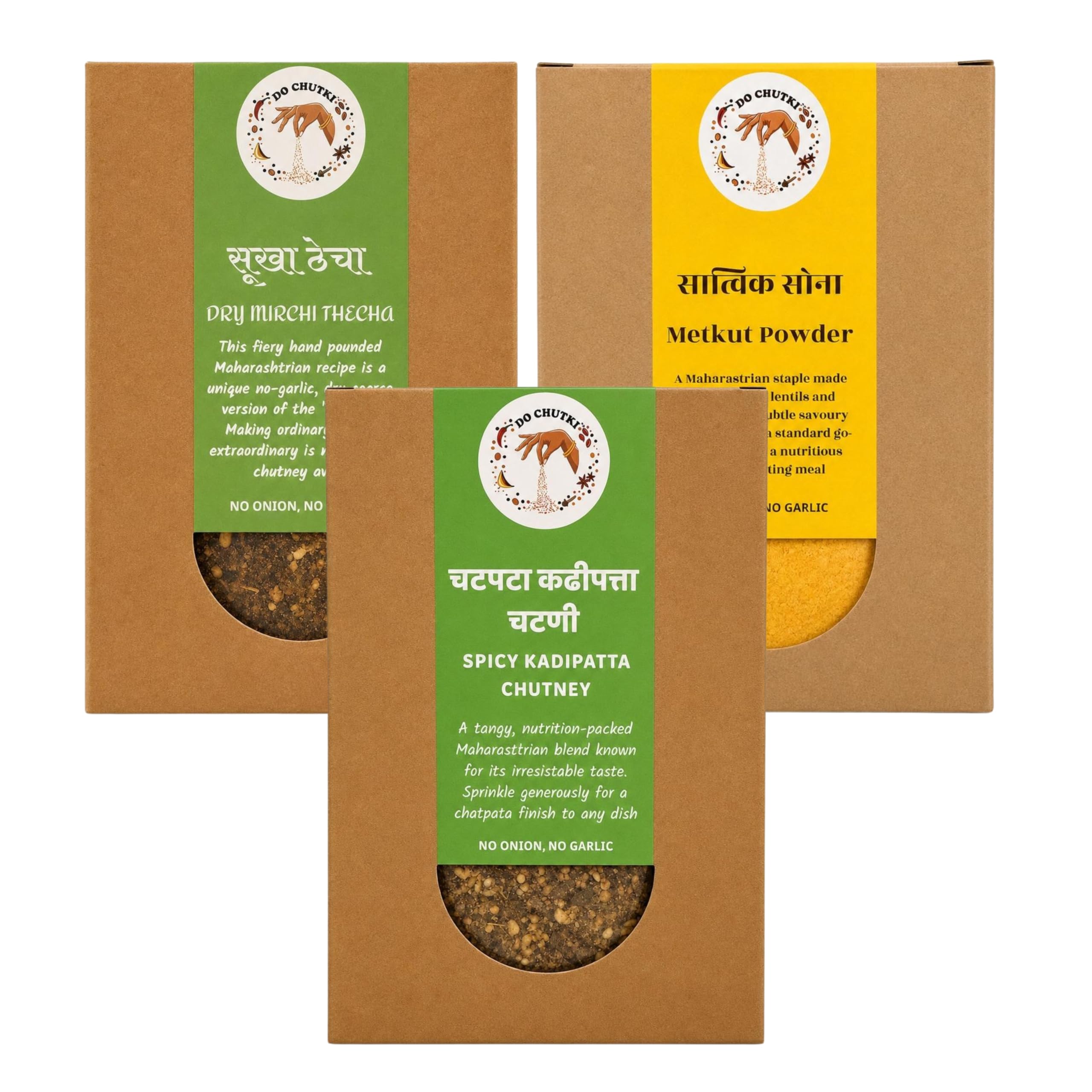 Do Chutki Thecha + Kadipatta + Metkut Combo | Fiery Heat & Herb Aroma Podi | No Preservatives | No Artificial Colors | Pack of 3 × 100g