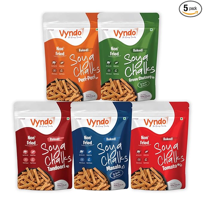Vyndo Soya Chalks (Soya Sticks) Combo – Pack of 5 (100g Each) | Millet-Based, Protein Rich, Gluten-Free, Non-Fried, No Palm Oil | Crunchy Healthy Energy Snacks – Tomato, Peri Peri, Masala, Green Chutney, Tandoori.