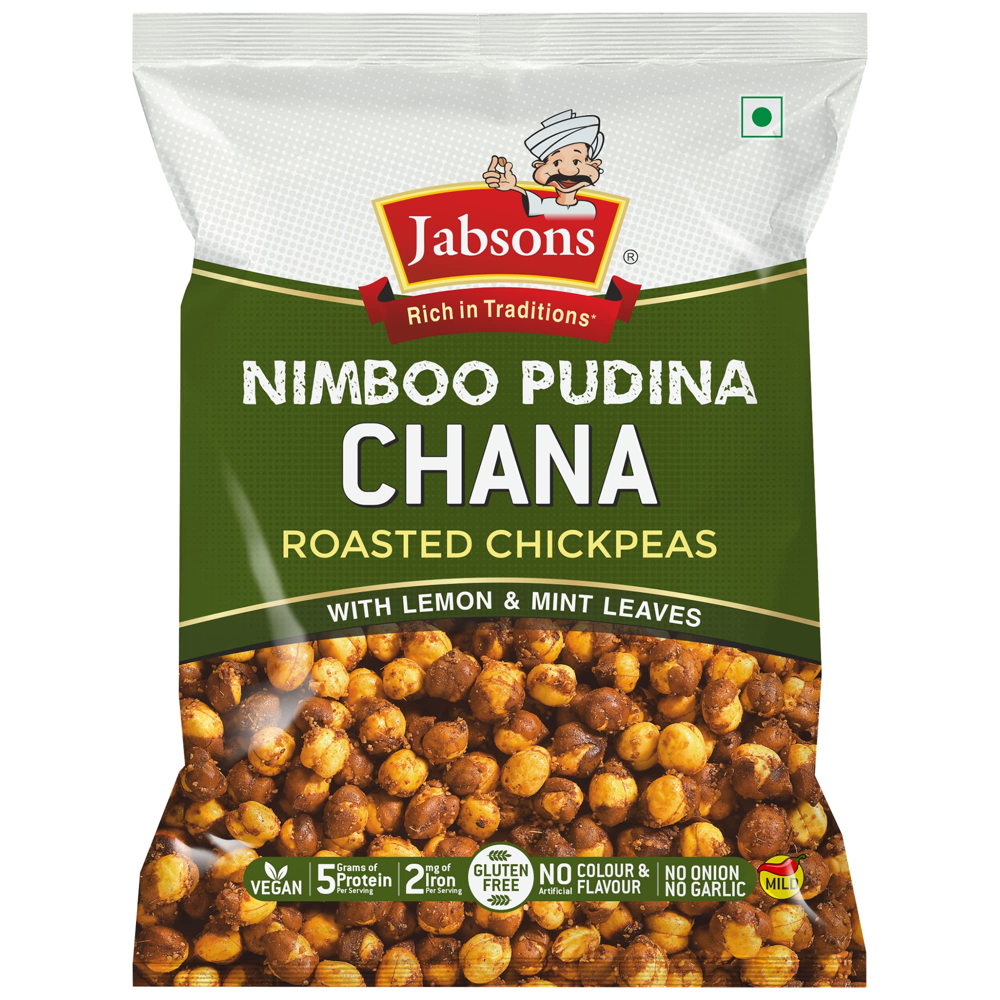 Jabsons Roasted Chana Nimboo Pudina, 150gm | 100% roasted No Onion No Garlic | Roasted Chana Namkeen Snacks Gluten-Free | Crunchy Protein Snacks | Pudina Lemon Flavour chana Ready to eat