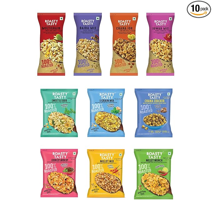 Roasty Tasty Assorted Namkeen Combo | Roasted Millet Snacks Pack | Palm Oil-Free, No Cholesterol, No Trans Fat Snacks, Namkeen & Roasted Chana I Replacement to fried namkeen, potato chips, bhujiya | Healthy Snacks for Weight Management | Pack of 10
