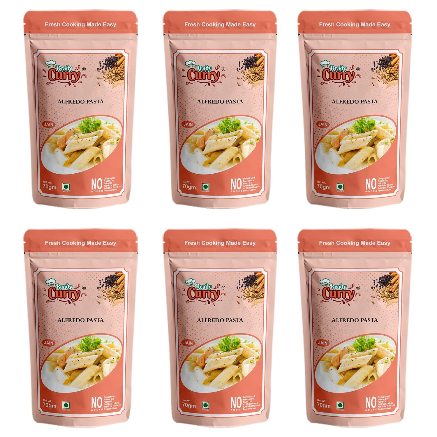 ReadyCurry | Alfredo Pasta | No Onion No Garlic | Spice Mix | Gravy Masala Mix| Ready to cook in 10 minutes| Home style taste |No Dehydrated | No Freeze Dry |No Artificial Colours or Flavours or Preservatives| 70g Pack (Pack of 6)