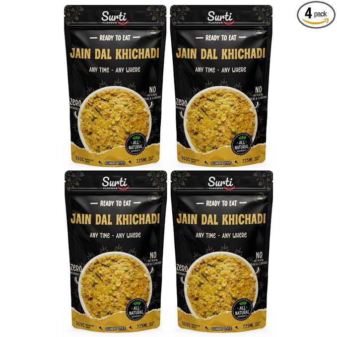 Surti Jain Dal Khichadi Ready To Eat 300g Gujarati Style Comfort Meal Instant Food Protein Rich No Artificial Colors Flavours Anytime Meal (Pack of 4)