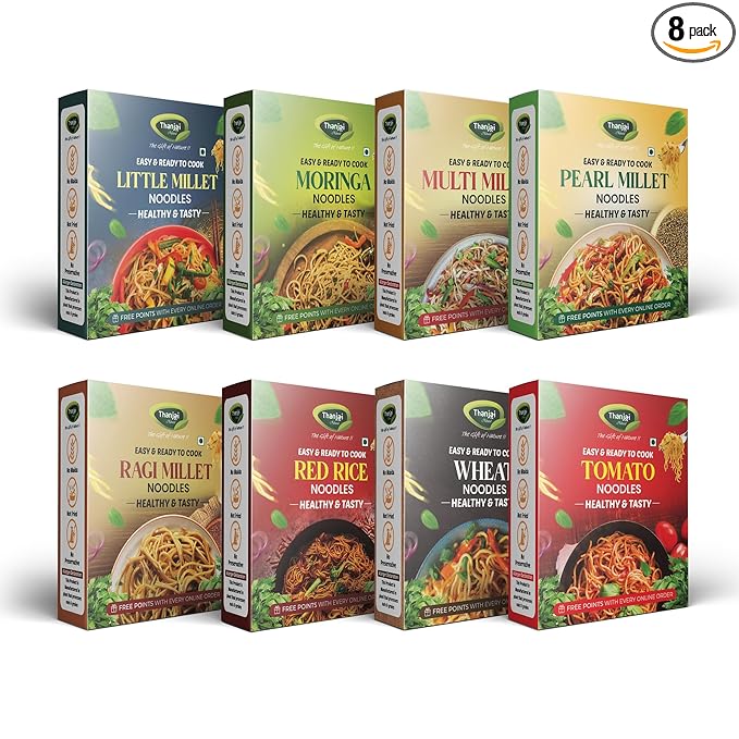 Thanjai Natural Noodles Millet180g X 8 Variities (No Maida Hakka Noodles, Not Fried, No MSG, Classic and Mild 1440g) Little | Multi Millet | Pearl | Ragi Millets & Moringa Leaf | Red Rice | Wheat | Tomoto