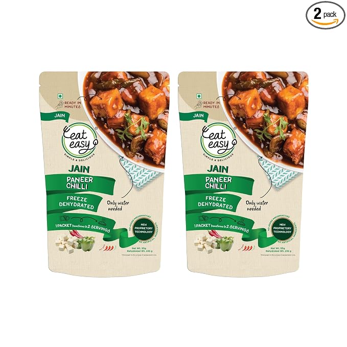 Eat Easy Ready to Eat Jain Paneer Chilli- 95gm (Pack of 2) | Freeze Dried Instant Indo-Chinese Meal | Just Add Hot Water | No Onion No Garlic | Made with Paneer, Capsicum & Jain Schezwan Seasoning