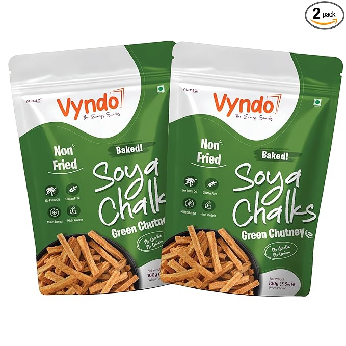 Vyndo Green Chutney Soya Chalks (Soya sticks) | Millet-Based, Protein Rich, Gluten-Free, Non-Fried, No Palm Oil | Healthy Crunchy Energy Snacks for Adults & Kids – 2 x 100g Packs.