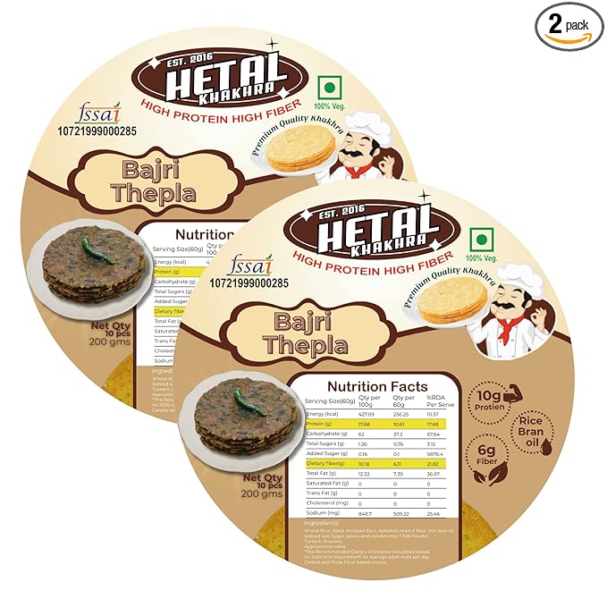 Bajri Thepla Khakhra | JAIN | Crispy | Ready To Eat | High Protein High Fiber| No Palm Oil | 200g Vacuum Pack Of 2