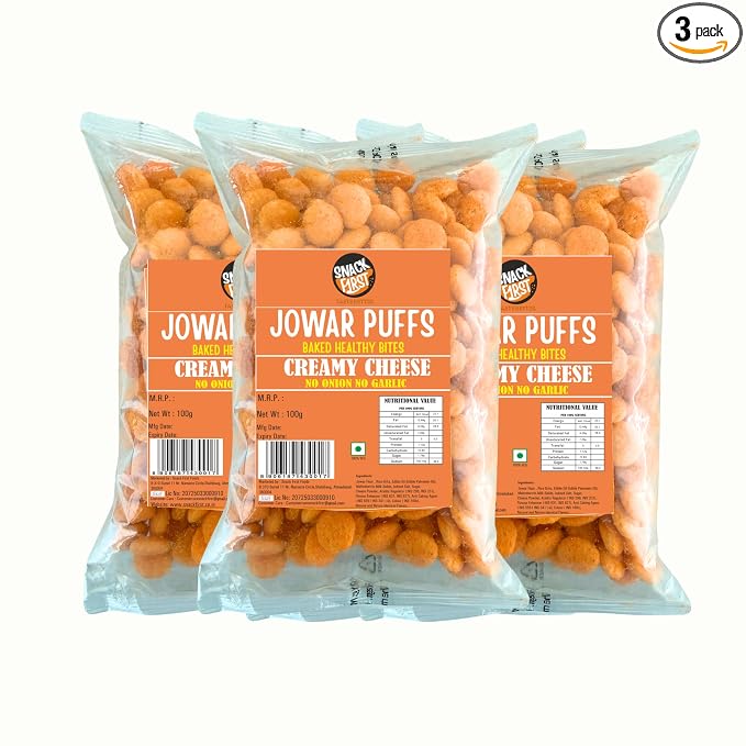 Snack First Baked Jowar Puffs Combo Of 3 Creamy Cheese, No Onion No Garlic, Jain, Puffed Jowar Puffs Healthy Snack, Diet-food, Low Calorie, Nutritious Snack, Healthy Namkeen, Each 100g, Pouch