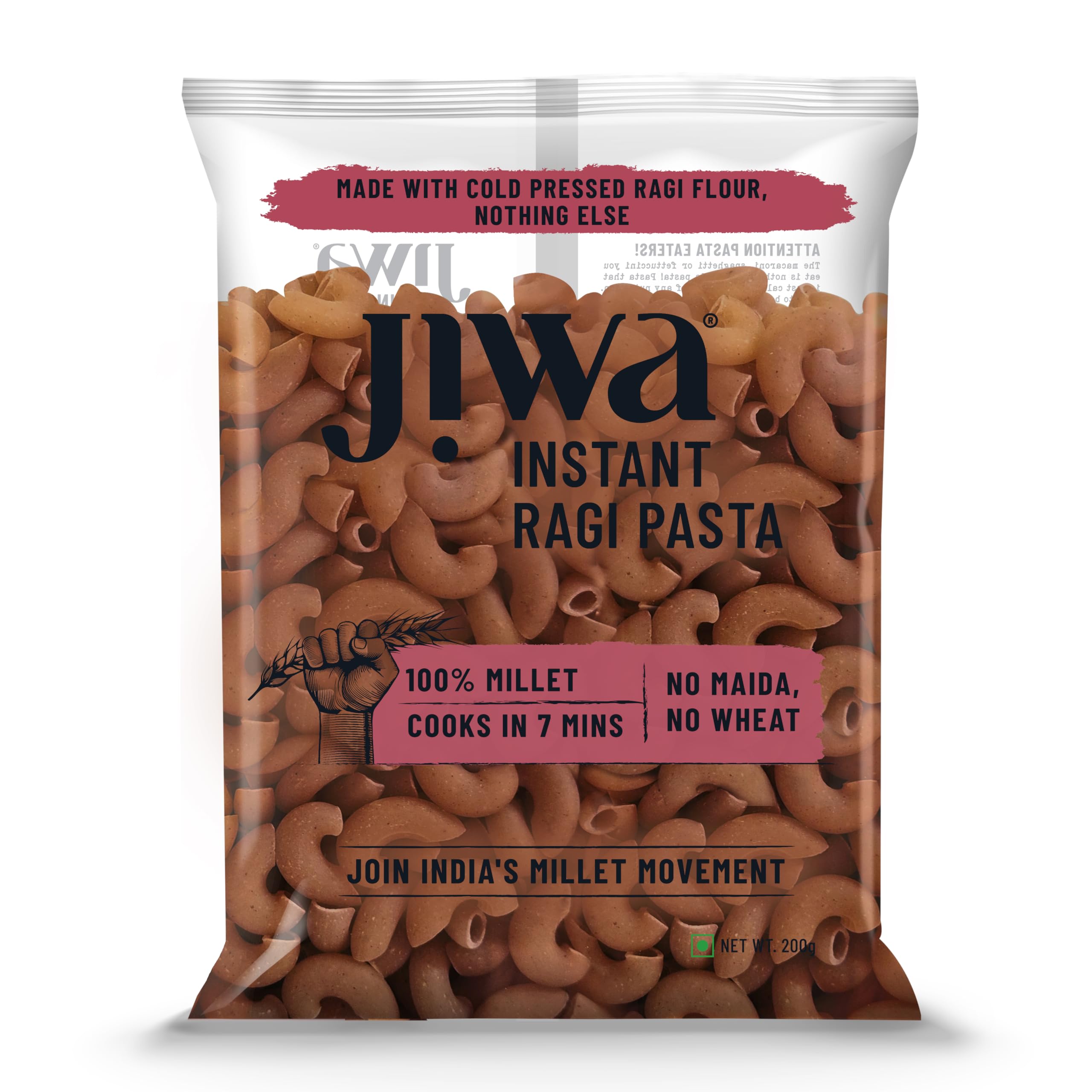 Jiwa Instant Ragi Macaroni Pasta | 200 G | Cooks In 7 Minutes | Ready To Cook | 100% Millet | No Maida, No Atta | Gluten Free