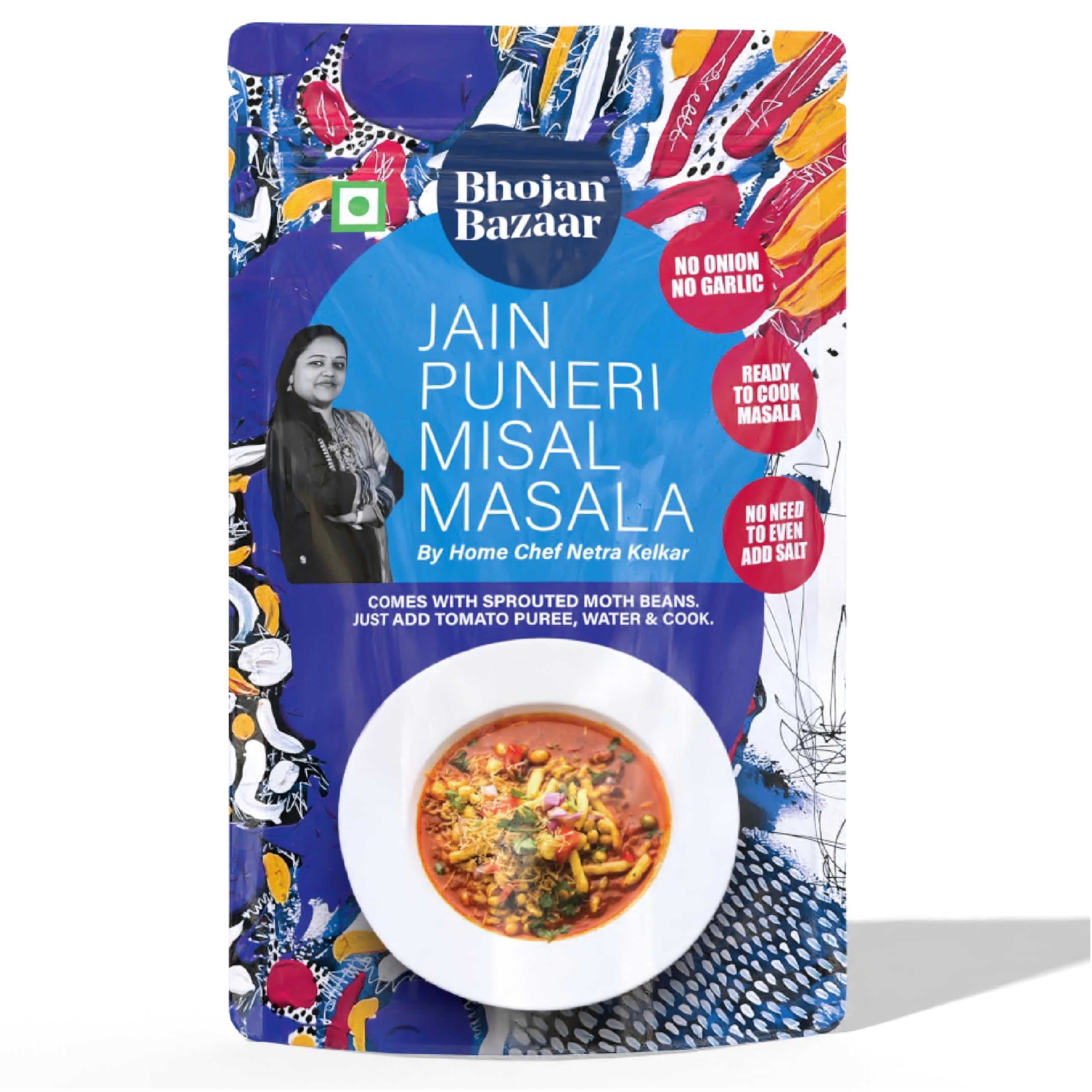 Bhojan Bazaar Jain Puneri Misal Masala 70 g | No Onion No Garlic Ready To Cook in 10 min | Serves 4 | Authentic Puneri Taste Jain Masala with Sprouted Moth Beans | No Added Preservatives