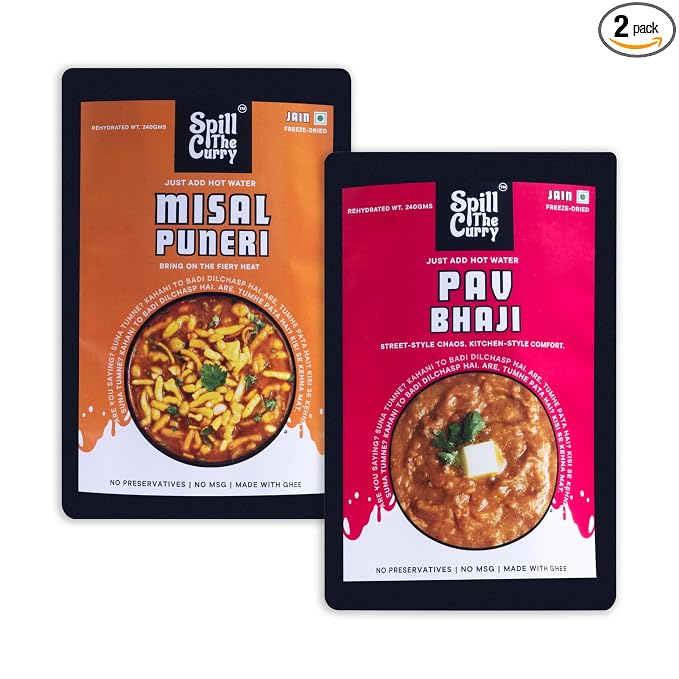 SPILL THE CURRY Pav Bhaji Jain & Misal Jain Ready to Eat Combo | No Onion No Garlic | Freeze-Dried Meals | Instant Heat & Eat | Pure Veg Jain Food | Travel & Hostel Friendly | Pack of 2 (1 Pav Bhaji Jain + 1 Misal Jain)