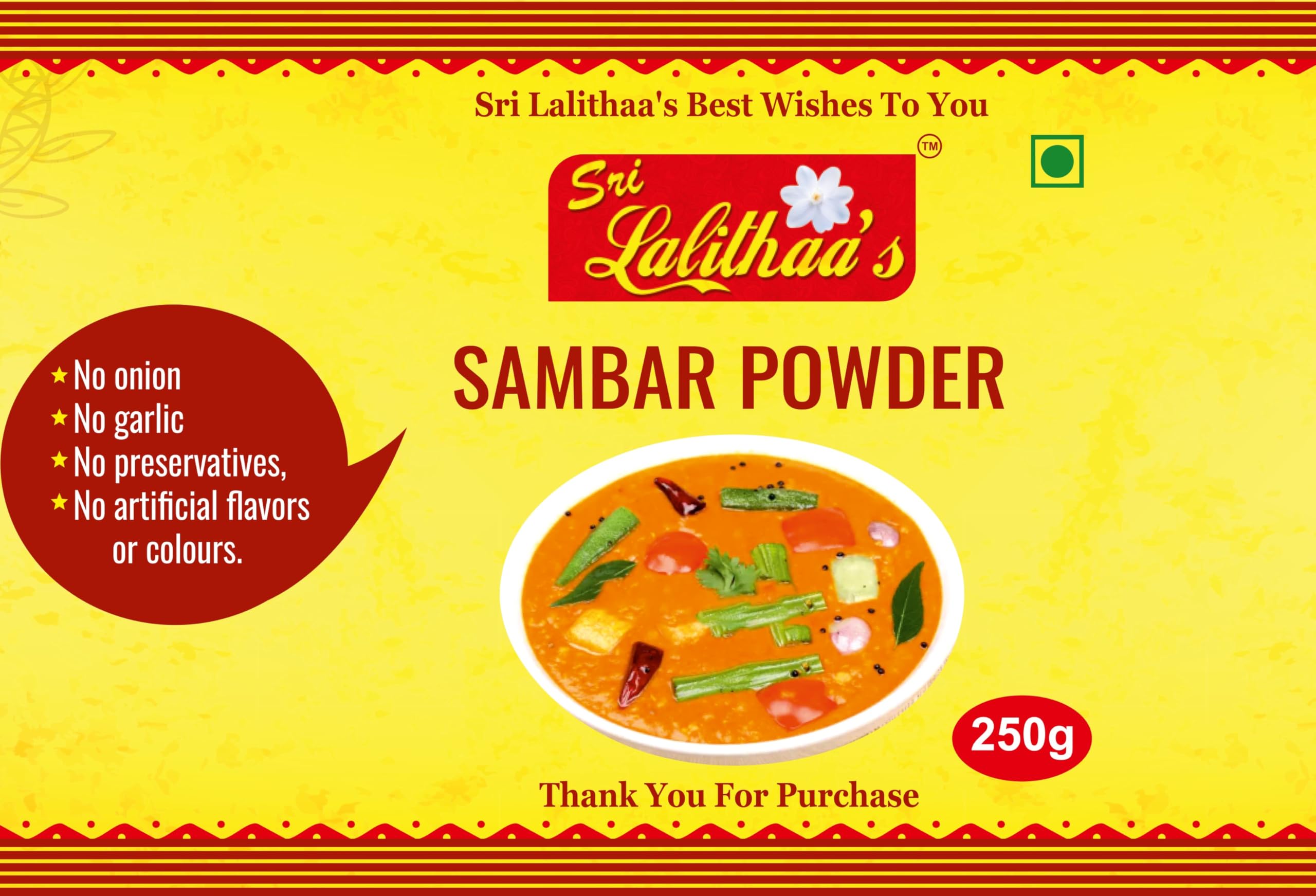 Sri Lalithaa’s Premium Sambar Powder (Pulusu Podi/Sambar Podi) – 250g | Authentic South Indian Taste, No Artificial Flavors or colors, No Onion & Garlic