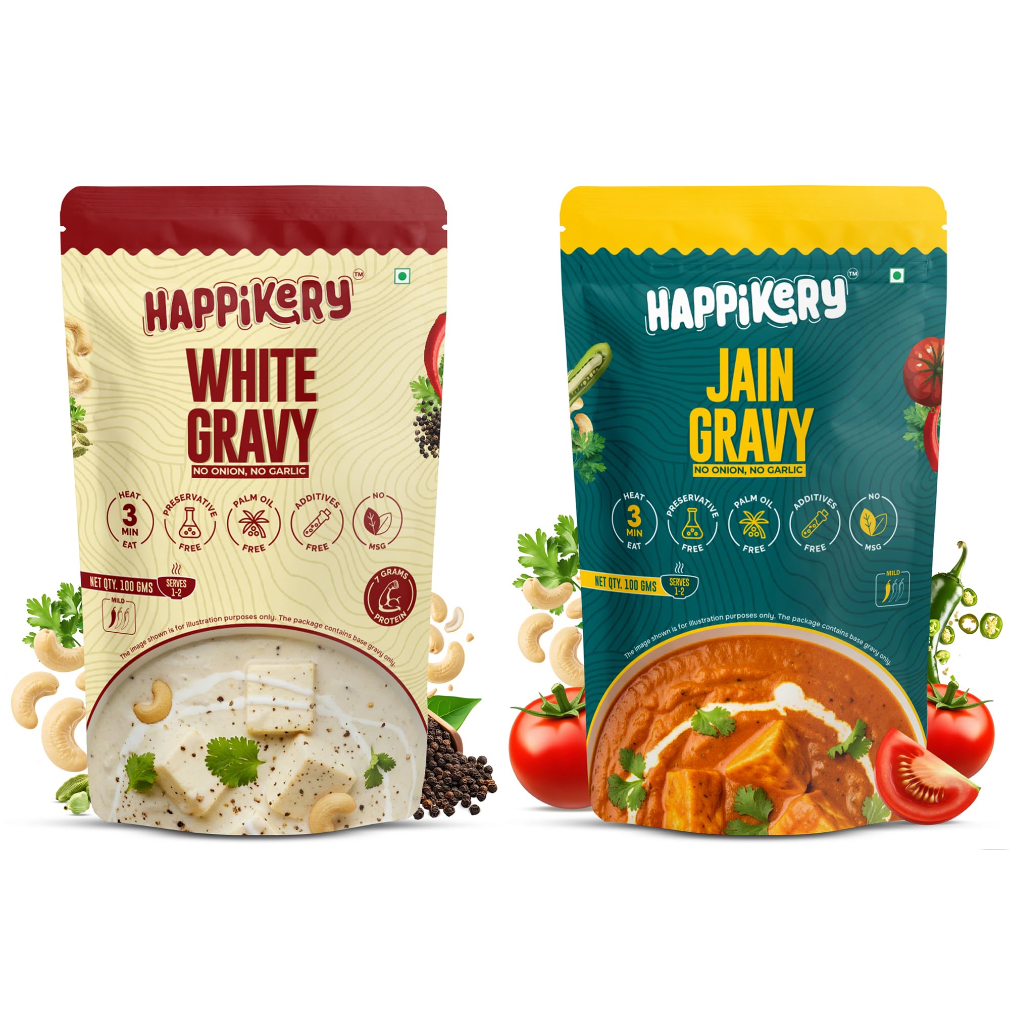 Happikery Royal Jain Twin Combo- White Gravy 100gm & Jain Gravy 100gm | No Preservatives | Quick & Easy Curry Mix | Ready To Eat in 3 Minutes