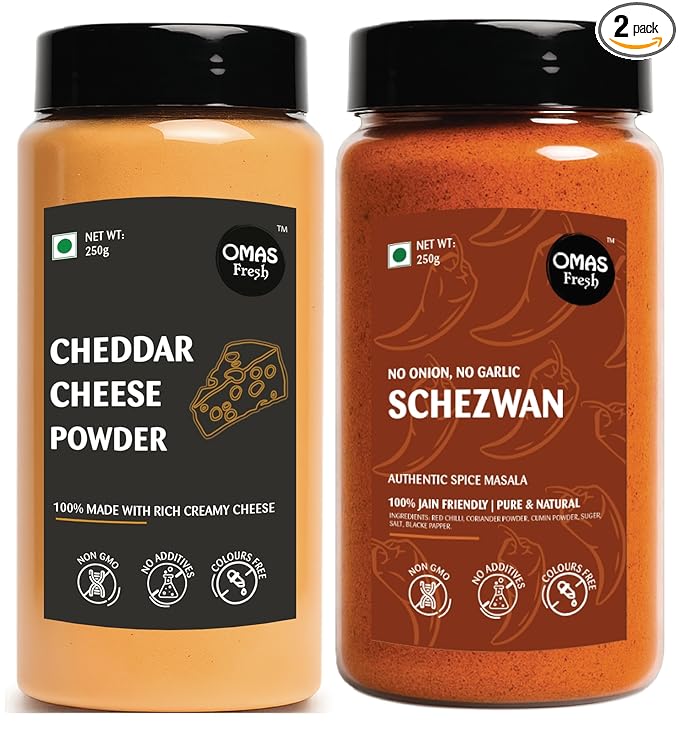 Omas Fresh No Onion No Garlic Schezwan Seasoning & Cheddar Cheese Powder | 250g × 2 Combo Pack | Spicy & Cheesy Flavour Duo for Pasta & Everyday Cooking