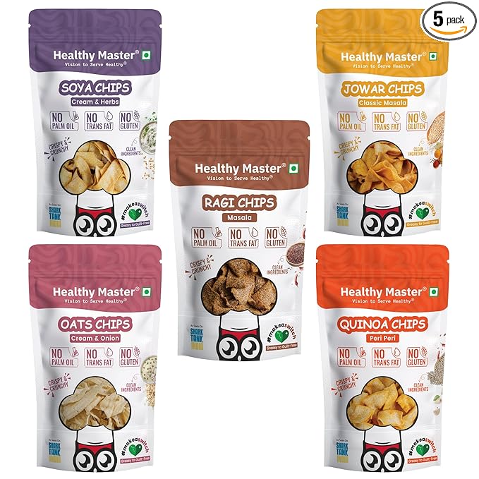 Healthy Master High Protein Healthy Chips Combo 150g (5x30g) | Vegan & Gluten Free Snacks | No Preservatives | Made with Jowar, Ragi, Soya, Quinoa & Oats | No Palm Oil